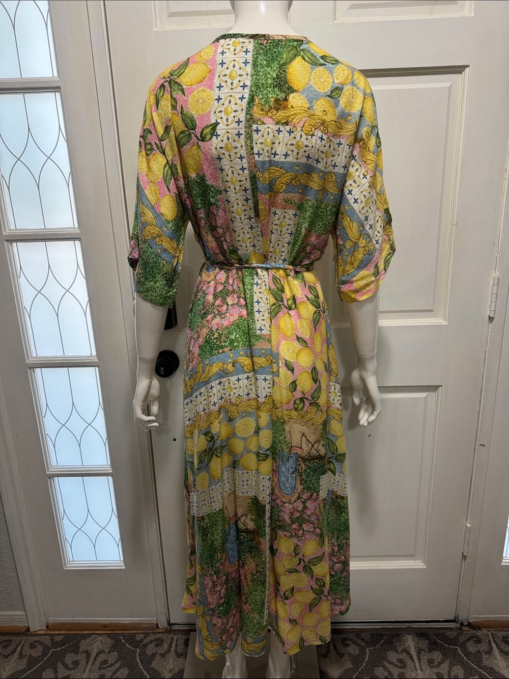 Aldo Martins Abstract Print Knit Tie Waist Midi Cardigan Dress Floral Lemons O/S - Picture 13 of 16